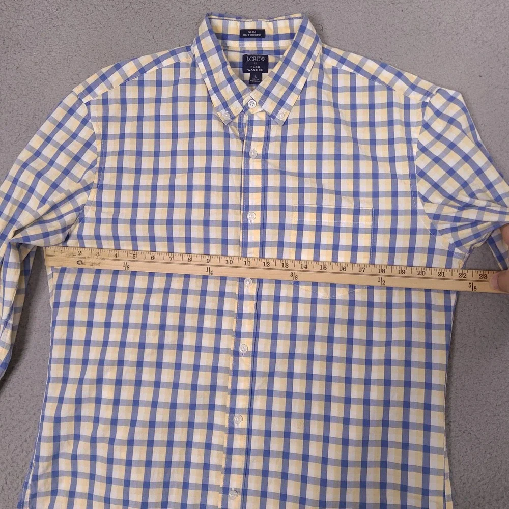 J Crew Shirt Mens Large Blue Yellow‎ White Slim Untucked Flex Washed Preppy